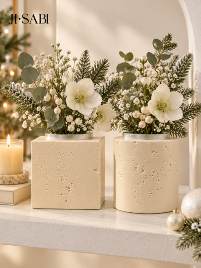 1pc2pcs Wabi Sabi Beige Travertine Vase, Square & Cylinder Porous Stone Flower Vessel With Metal Lid, Christmas Table Floral Decor, Home Aesthetic Ornament