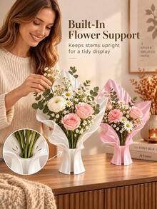 Modern Minimalist Plastic Bouquet Vase, Sculptural Petal Design, Smooth Edge Details, Built-In Stem Support, One-Piece Bouquet Base, Suitable For Living Room, Vanity, Bedroom Tabletop Centerpiece Decoration, Wedding, Birthday, Party, Holiday - Multicolor - View 2