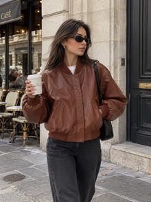 Autumn/Winter Solid Color Faux Leather Padded Shoulder Aviator Jacket - Burgundy - View 2