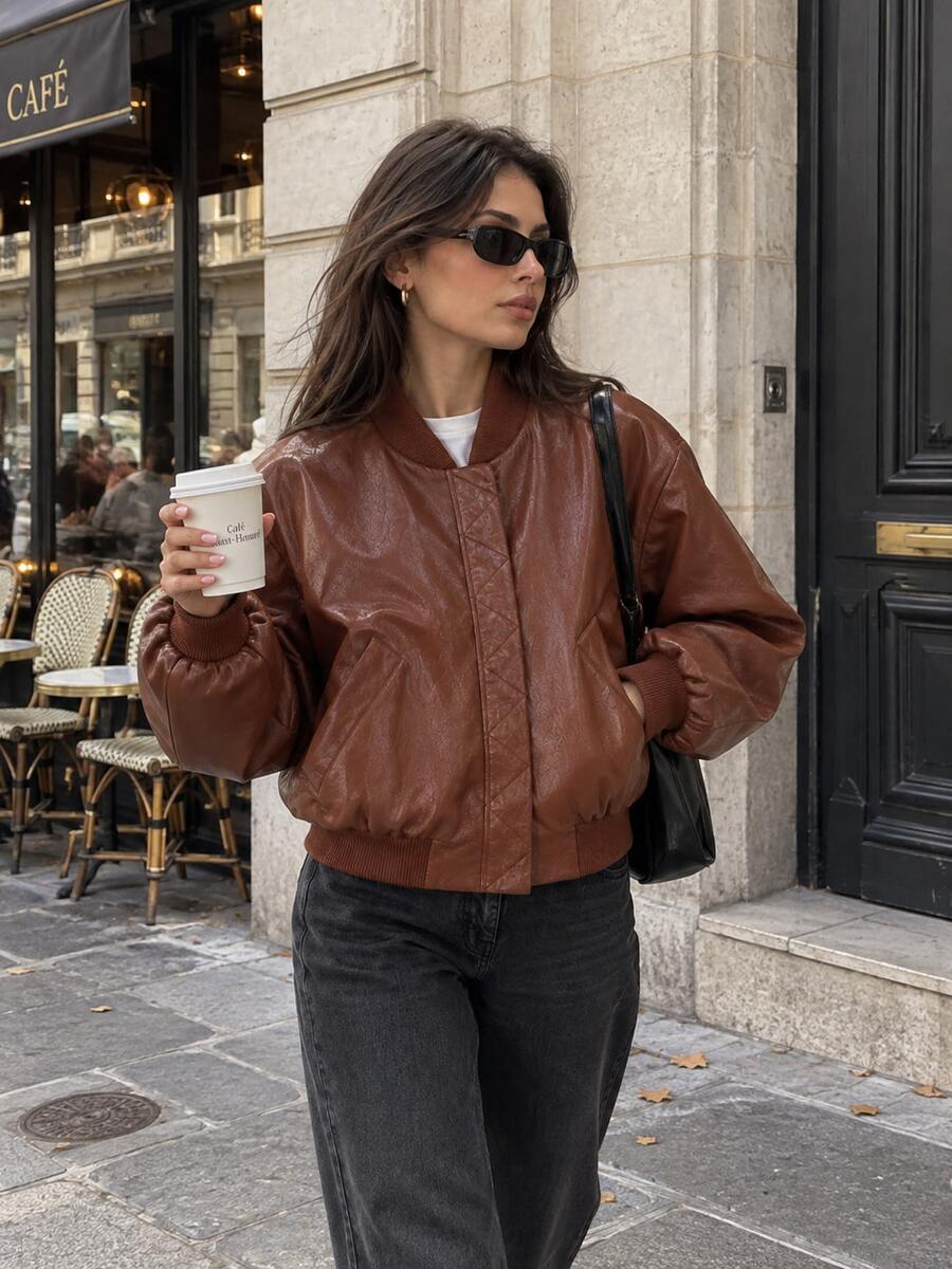 Autumn/Winter Solid Color Faux Leather Padded Shoulder Aviator Jacket - Burgundy - View 1