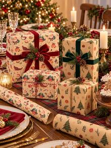 4 Sheets Vintage Christmas Wrapping Paper, Santa Claus Reindeer Tree Pattern, Holiday Gift Wrapping Paper, Suitable For Gift Boxes And Party Decorations - Multicolor - View 3