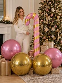 5pcs/Set Christmas Balloons - Extra Large 59-Inch Pink & Gold Striped Candy Cane Balloon + 18-Inch Pink & Gold Inflatable Mirror 4D Foil Balloon, Christmas, Wedding, Birthday Party Decoration - Gold & Pink - View 2