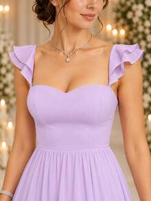 Volly Toych Elegant Lilac Purple Chiffon Bridesmaid Maxi Dress, Spaghetti Straps, Ruffle Sleeves, High Slit Long Skirt, Suitable For Formal Occasions Or Vacation - Mauve Purple - View 3