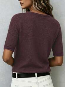 Women's Wool Blend Soft Knit Short Sleeve Top, Loose Fit, 15% Wool Content, Basic Round Neck Solid Color Half Sleeve Lightweight Knit Sweater, Quiet Luxury Minimalist Commuter Style, Suitable For Office And Business Wear - Brick Red - View 4