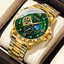 1pc Men's Yellow Angular Case Green Starry Sky Dial Moon Phase & Star Multi-Window Display Luxury Automatic Tourbillon Mechanical Wristwatch - Mouldless - View 2