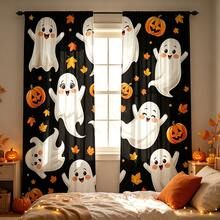 2pcs Halloween Digital Print Curtains, Cute Ghost Pumpkin Maple Leaf Pattern, Black Background Cartoon Style, Bedroom Living Room Home Decor - Multicolor - View 11