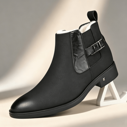 Men's Chelsea High-Top Ankle Boots, Autumn/Winter Thermal Lined Shaft Boots With Buckle Design, Business Casual Commuter Warm Boots