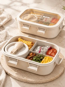 1pc 3-Compartment Lunch Box With Utensils, Student Lunch Box, Square Microwave Food Container, Perfect For School Lunch, Kitchen Storage And Accessories, Includes Lunch Box, Insulated Bag, Breakfast Cup, Water Cup, Suitable For Light Meals, Work, School, Outdoor Travel, Divided Lunch Box, Christmas, Valentine's Day - Multicolor - View 12
