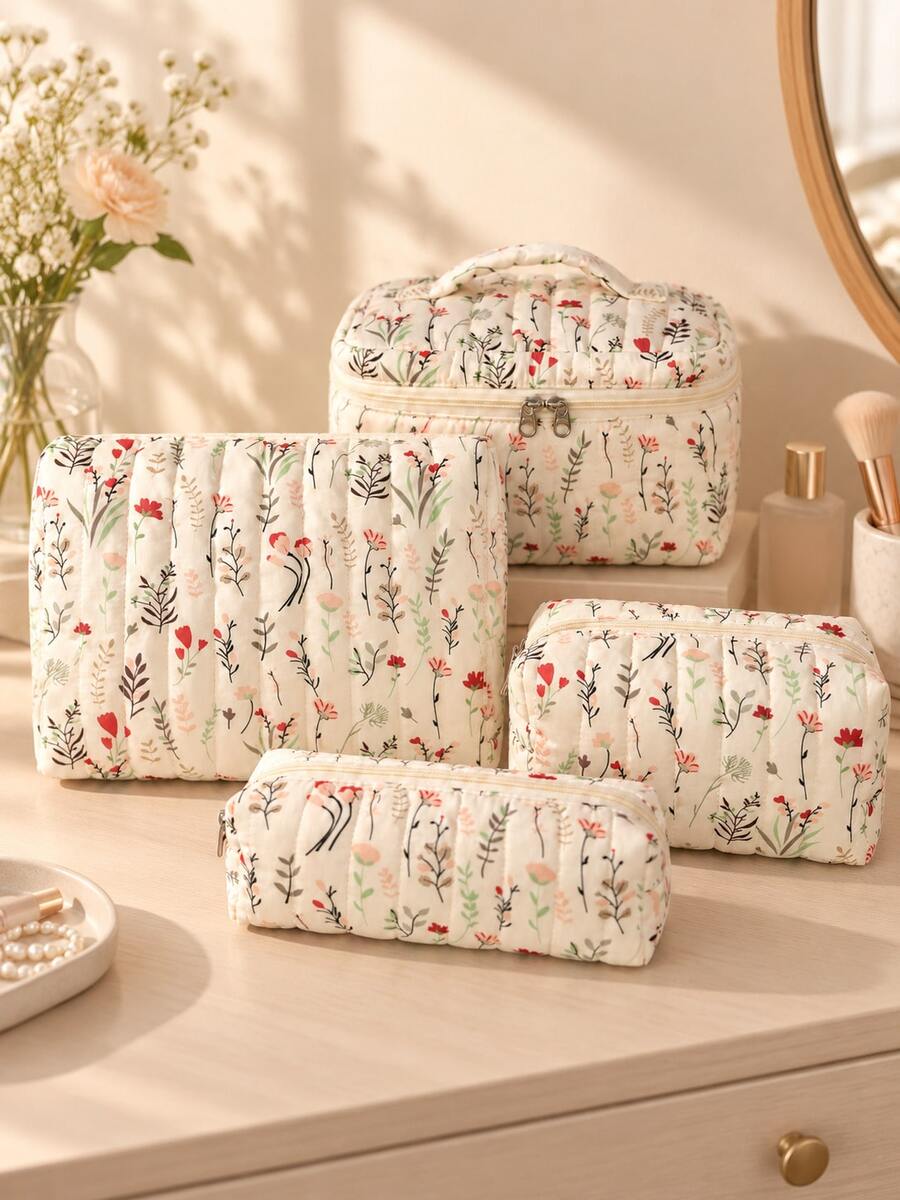 Fresh Pastoral Style Makeup Bag Set, Overall Style Fresh And Cute, Zipper Closure, Lightweight And Practical, Soft And Fluffy Texture Storage Bag, Multi-Functional Women's Handbag, Large Capacity Storage For Cosmetics, Toiletries, Skincare Products, Makeup Brushes And Other Personal Items. Different Sizes Convenient For Classification And Organization, Suitable For Home Vanity And Travel Essentials. - Multicolor - View 1