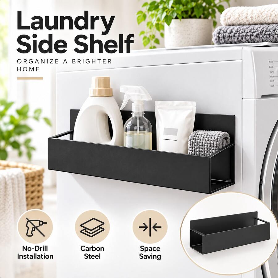 1pc Black Laundry Room Side Storage Shelf, Carbon Steel Organizer Rack For Washing Machine, Detergent & Cleaning Supplies Holder - Multicolor - View 1
