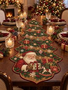 1pc-Vintage Christmas Tree Table Runner Holiday Decor, Unique Shaped Linen Table Runner With Santa Claus Gift Box Ornament Design, Rustic Farmhouse Xmas Dining Table Decoration For Kitchen Dining Room Party Home Holiday Decor - Multicolor - View 2