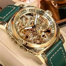 1pc Men's Black Zinc Alloy Business Style Luminous Engraved Fully Automatic Tourbillon Skeleton Mechanical Watch - Army Green - View 2