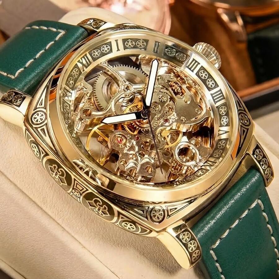 1pc Men's Black Zinc Alloy Business Style Luminous Engraved Fully Automatic Tourbillon Skeleton Mechanical Watch