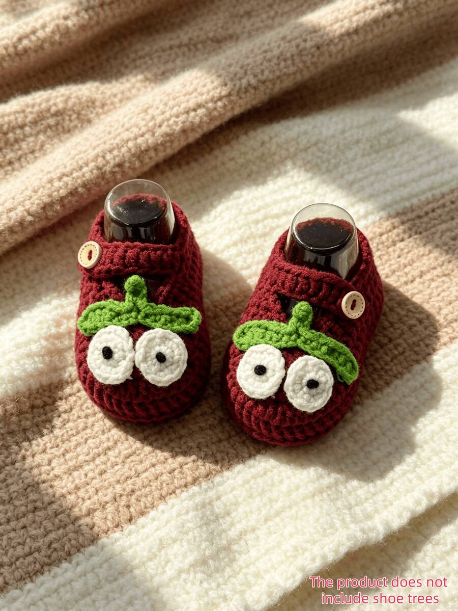 1 Pair Handmade Crochet Infant Boots, Burgundy With Eyes And Green Bow ...