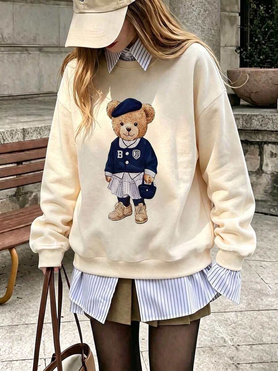 Cute Academy Style Bear Pattern Pullover Sweatshirt, Long Sleeve Ribbed Crew Neck Knit Fabric, Suitable For Autumn Wear, Comfortable And Versatile - Apricot - View 1