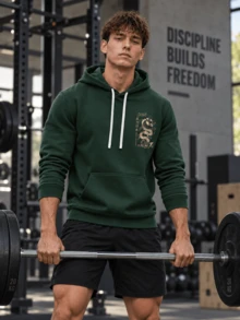 Men's Dark Green Japanese Dragon Pattern Sweatshirt, Kanji Letter Print, Drawstring Pocket, Long Sleeve Street Style Casual Sweatshirt - Green - View 1
