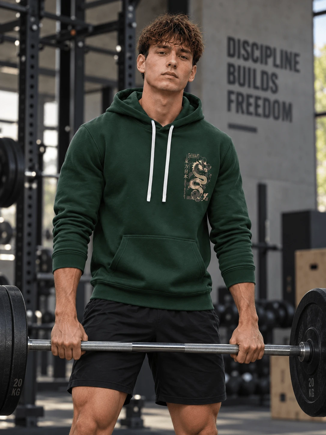 Men's Dark Green Japanese Dragon Pattern Sweatshirt, Kanji Letter Print, Drawstring Pocket, Long Sleeve Street Style Casual Sweatshirt - Green - View 1