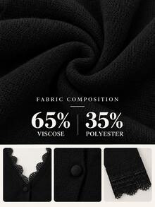 Women's Loose Fit Lace Trim V-Neck Knit Cardigan, French Style Autumn/Winter Loose Open Front Knit Sweater Black Fall - Black - View 9