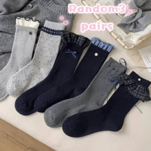 Random 1 Pair Cute Girly Plaid Lace Trim Mid-Calf Socks, Versatile Autumn/Winter Style - Multicolor - View 7
