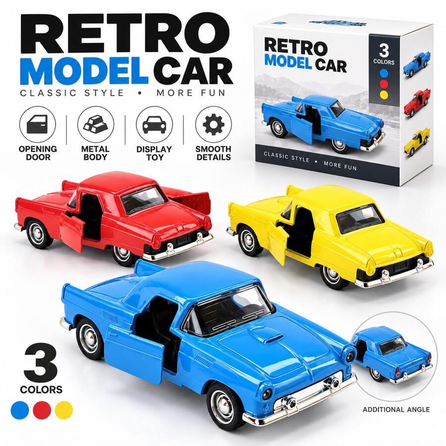 1pc Retro Alloy Classic Coupe Model Car, Die-Cast Vintage Vehicle With Openable Doors & Detailed Interior, 3 Colors Random Style, Desktop Display Collectible, Birthday Gift, Christmas Gift, Holiday Gift Choice - Multicolor - View 1