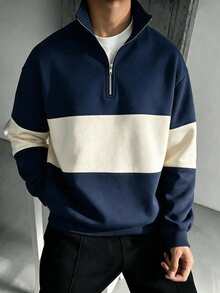 Sweatshirt Pria dengan Resleting Setengah dan Kerah Tegak, Model Pullover Kasual Vintage - Navy Blue - View 2