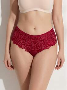 Rosiemei 1PC Plus Size Women's Sexy Burgundy Lace Panties With Floral Print - Red - View 1