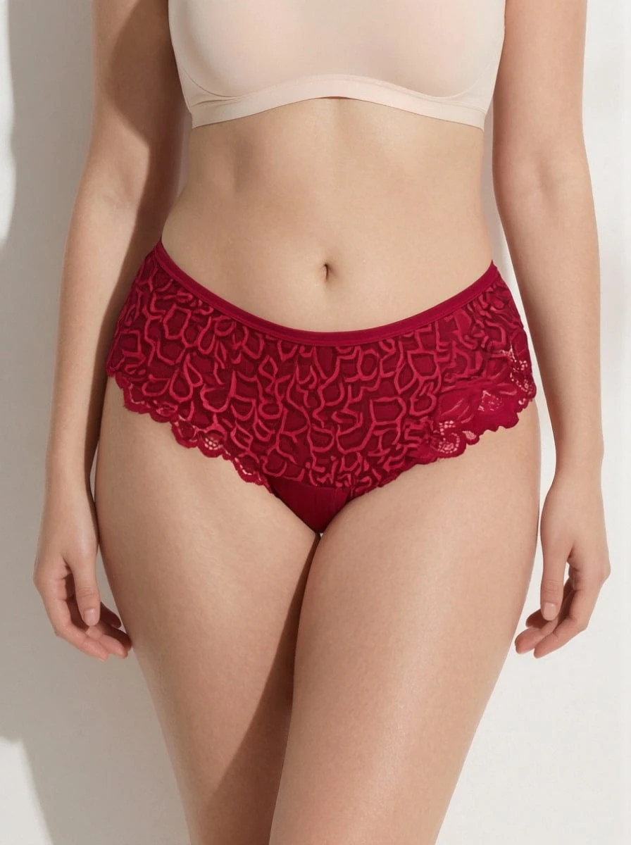 Rosiemei 1PC Plus Size Women's Sexy Burgundy Lace Panties With Floral Print - Red - View 1