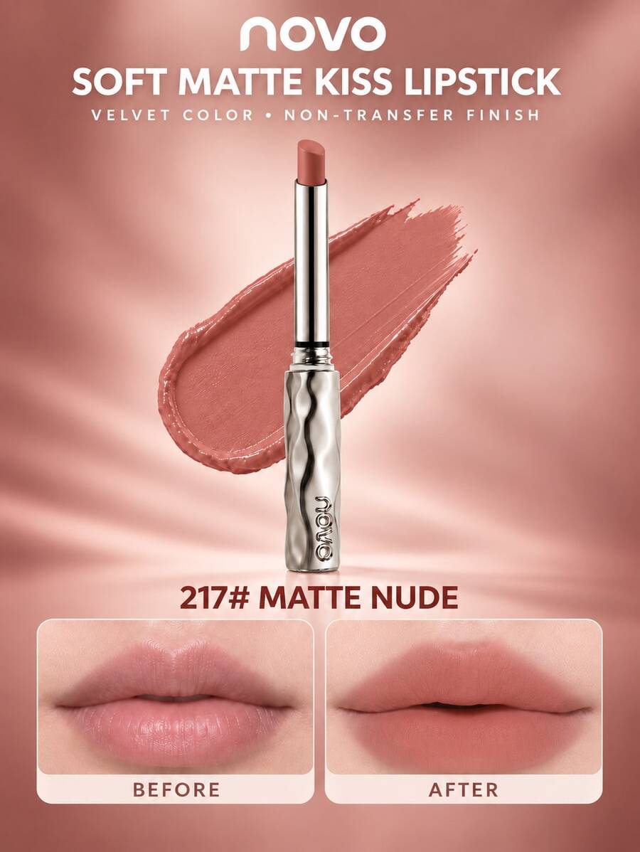 NOVO Lipstik Matte Tahan Air dan Keringat, Tidak Luntur, Ringan dan Tahan Lama, Hasil Akhir Lembut dan Kaku, Ideal untuk Riasan Sehari-hari, Perjalanan, Pelajar & Tampilan Wajah Alami