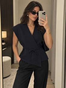 Women's Solid Color V-Neck Waist Tie Design Casual Versatile Daily Wear Top Summer - Navy Blue - View 9
