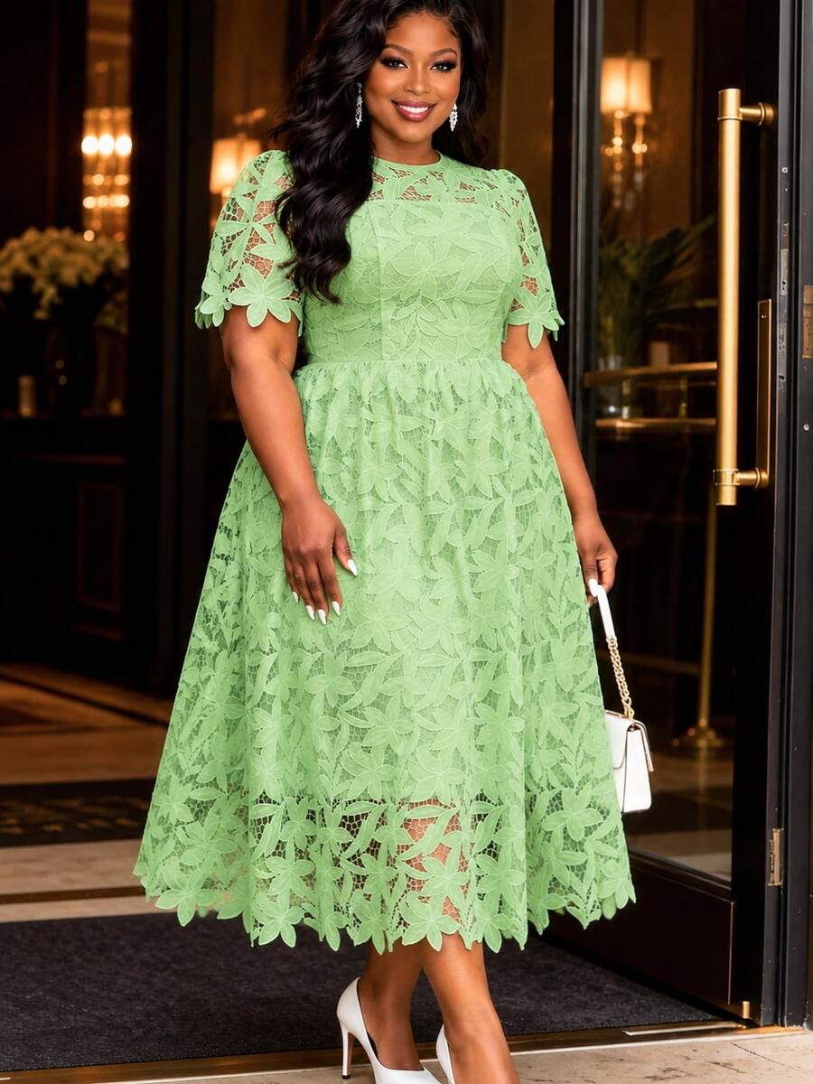Plus Size Mint Green Summer Women's Hollow Lace Floral Elegant A-Line Maxi Dress, Party Wedding Fall
