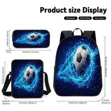 Blue Light Effect Soccer 2D Print 3 Pieces Set, Side Elastic Mesh Pocket Water Bottle Holder, Wide Thick Breathable Adjustable Shoulder Strap, Fashion Sporty Style Commute Travel Picnic Daily Storage Bag - Printed Bag - View 6