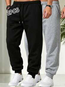 Father's Day Gift, 2pcs Men's Drawstring Waist Solid Color Sports Long Pants Black Minimalist Fitness Basic Style Fall - Multicolor - View 2