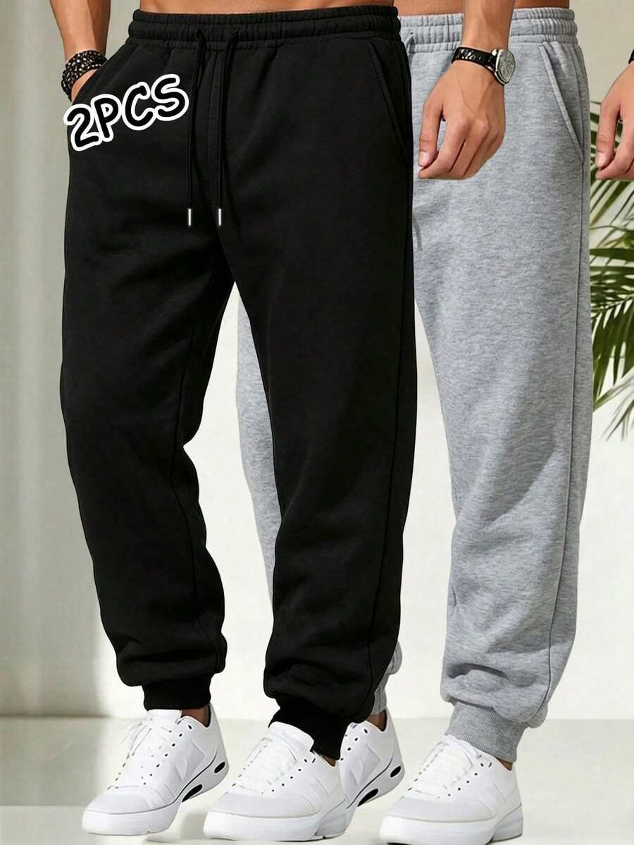 Father's Day Gift, 2pcs Men's Drawstring Waist Solid Color Sports Long Pants Black Minimalist Fitness Basic Style Fall