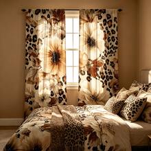 2pcs Digital Printed Curtains, Vintage Leopard Print Beige Large Floral Aesthetic Home Decor Window Curtains - Multicolor - View 7