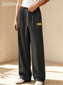 1pc Black Striped Men's Long Pants, Drawstring Elastic Waist Casual Trousers, Double Side Pockets, Straight Leg Drape, Slimming Lazy Versatile Home & Commute Striped Pants, Machine Washable, Comfortable Skin-Friendly, Old Money Style, Gentleman Elegant Men's Pants - Black - View 5