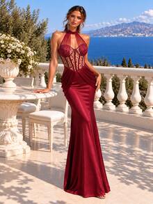 Đầm dạ hội đuôi cá dài ôm sát màu đỏ rượu vang, cổ yếm, hở lưng, corset xương cá, phối ren và satin, dành cho tiệc và vũ hội - Màu Đỏ Sâu - Xem 1