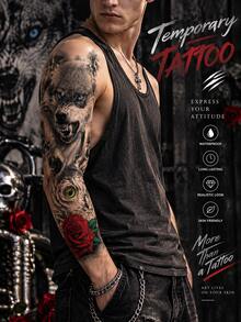 Men's Large Full Arm Waterproof Temporary Tattoo Stickers, Realistic Wolf Rose Skull Clock Fake Body Tattoo, Suitable For Arms & Thighs, Holiday Party And Vacation, Lasts 2-5 Days - Halloween - View 7