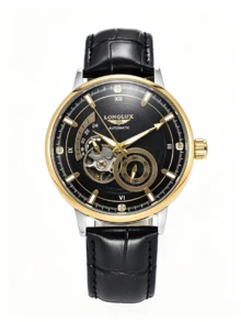 LONGLUX 1pc Men's Automatic Mechanical Watch, Luxury Business Multi-Dial PU Leather Strap Wristwatch - Black - View 3