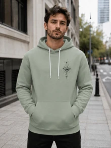 Men's Camping Outdoor Hooded Sweatshirt, Star Moon Mountain Compass Landscape Print Drawstring Pullover Long Sleeve Sports Casual Top - Mint Green - View 2