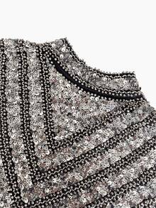 Shiny Women's Arabic Style Long Dress, Black With Silver Sequin Stripes, Stand Collar, Cape Sleeves, Suitable For Evening Party - black silver - View 5