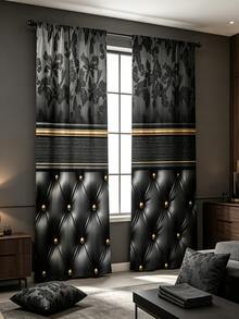 2pcs Digital Printed Curtains, Black & Gold Leather Buckle Pattern, Luxury Modern Style, Suitable For Bedroom Living Room Home Decor - Multicolor - View 2