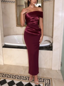 Women's Elegant One Shoulder Ruched Patchwork Bandage Dress - Burgundy - View 8