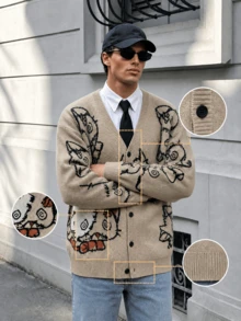 Men's Loose Casual Cute Patchwork Kitten Jacquard V-Neck Button Long Sleeve Drop Shoulder Cardigan Sweater Jacket, Autumn/Winter - Brown - View 2
