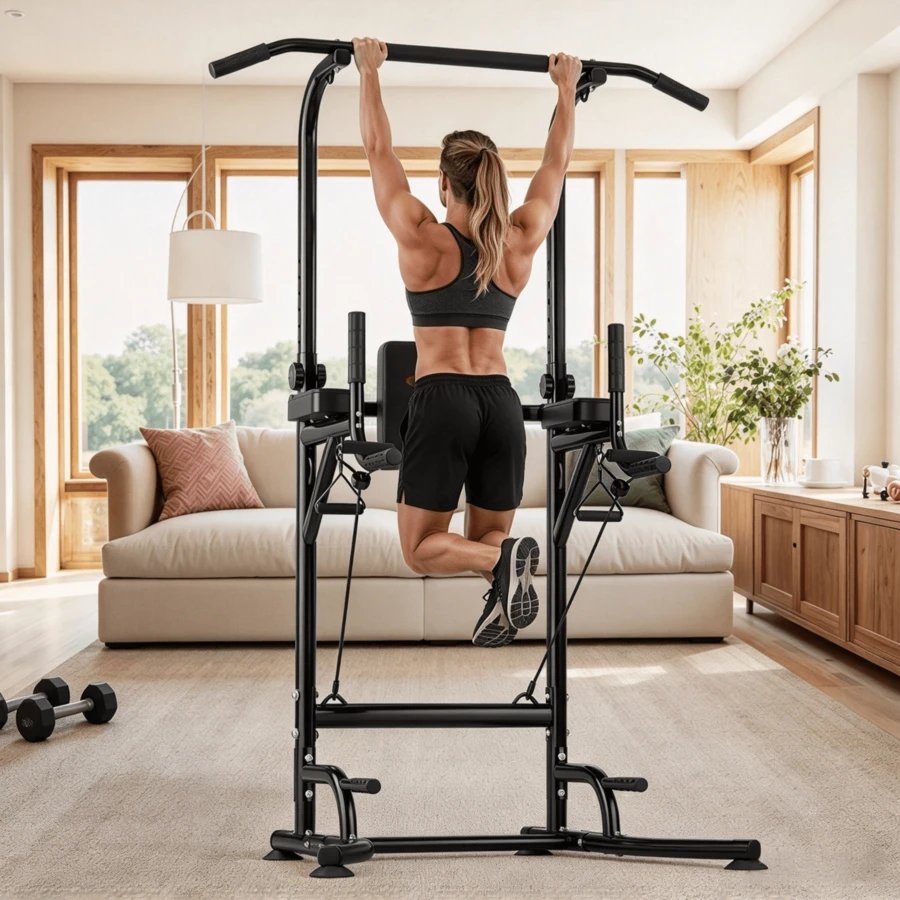Dryfeedo Power Tower Pull-Up & Dip Station For Home Gym - Adjustable Height Range, 330LBS Capacity With Anti-Slip Suction Cups H-Steel Base Power Rack