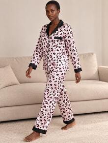 Leopard Print Women's Satin Long Sleeve Long Pants Pajama Set - Pink - View 5