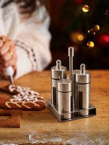 3/4pcs Stainless Steel Kitchen Condiment Container Set, Includes Oil Dispenser, Seasoning Jars And Storage Rack, Countertop Organizer, Suitable For Home, Restaurant, Dining Table, Saudi National Day Gathering, Christmas Dinner And Housewarming Gift - Silver - View 5
