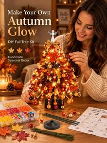DIY Beaded Autumn Tree Craft Kit - Glowing Autumn Maple Tree Making Set, Includes Glass Seed Beads/Angel Tree Topper/Acrylic Maple Leaves/LED Light String/Base, For Thanksgiving Table Centerpiece And Adult Handmade Gift - Brown Autumn Style - View 3