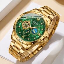 1pc Men's Yellow Angular Case Green Starry Sky Dial Moon Phase & Star Multi-Window Display Luxury Automatic Tourbillon Mechanical Wristwatch - Mouldless - View 4