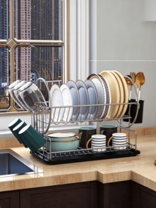 2‑Tier Dish Drying Rack, Countertop Dinnerware Organizer With Cup Hooks & Utensil Caddy, Removable Drip Tray For Plates Bowls Glasses Cutlery, Sink‑Side Storage For Apartment Dorm Compact‑Space Household - Multicolor - View 2