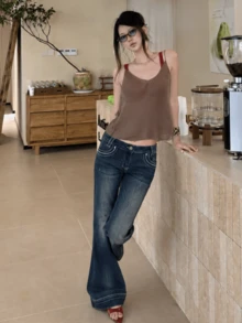YEAE | Celana Jeans Flare Kasual Pinggang Sangat Rendah Warna Biru Pudar Vintage - Medium Wash - View 8